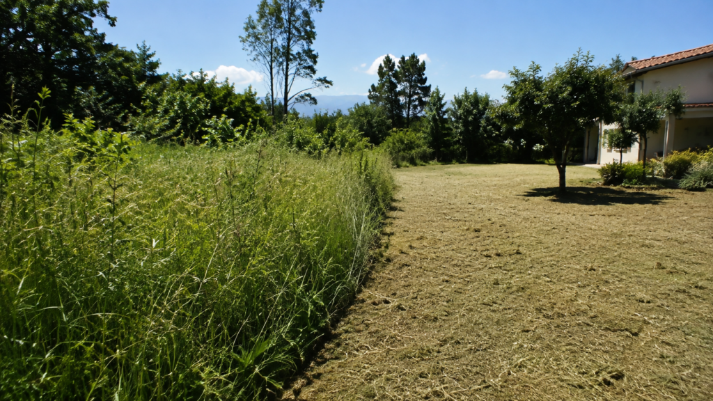 Débroussaillage d’un terrain avec herbes hautes et broussailles